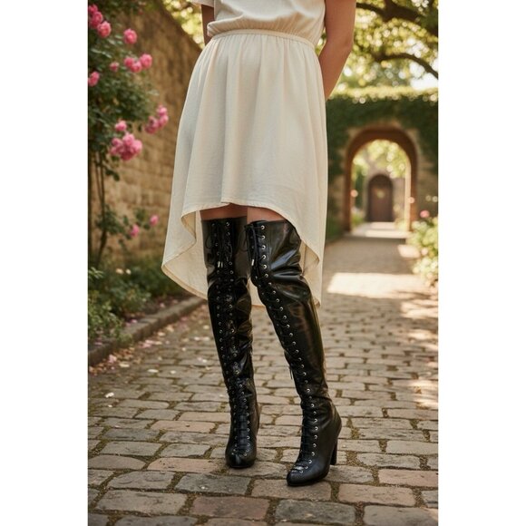 Womens Thigh High Boots 6.5 Faux Leather Lace Up Zip Soft Lined Jessica Simpson - Picture 15 of 15